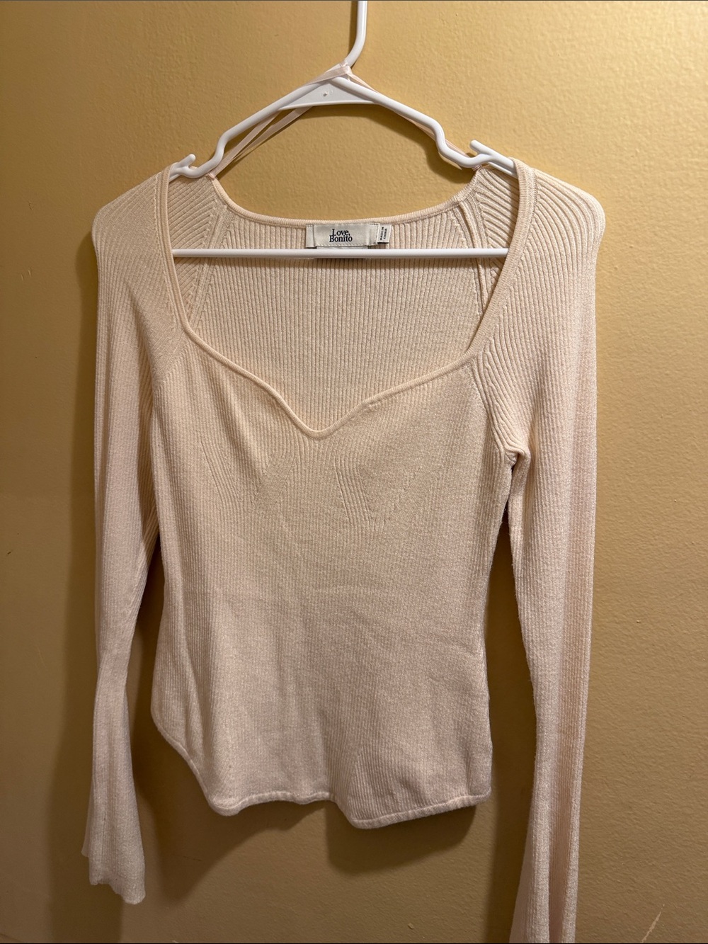 Love Tree Cream Ribbed Long Sleeve Square-Neck Top